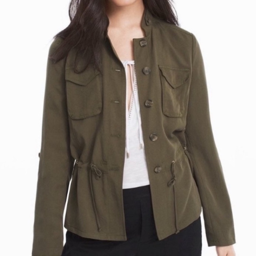 White House Black Market Military Utility Jacket Button Front Drawstring Green 4